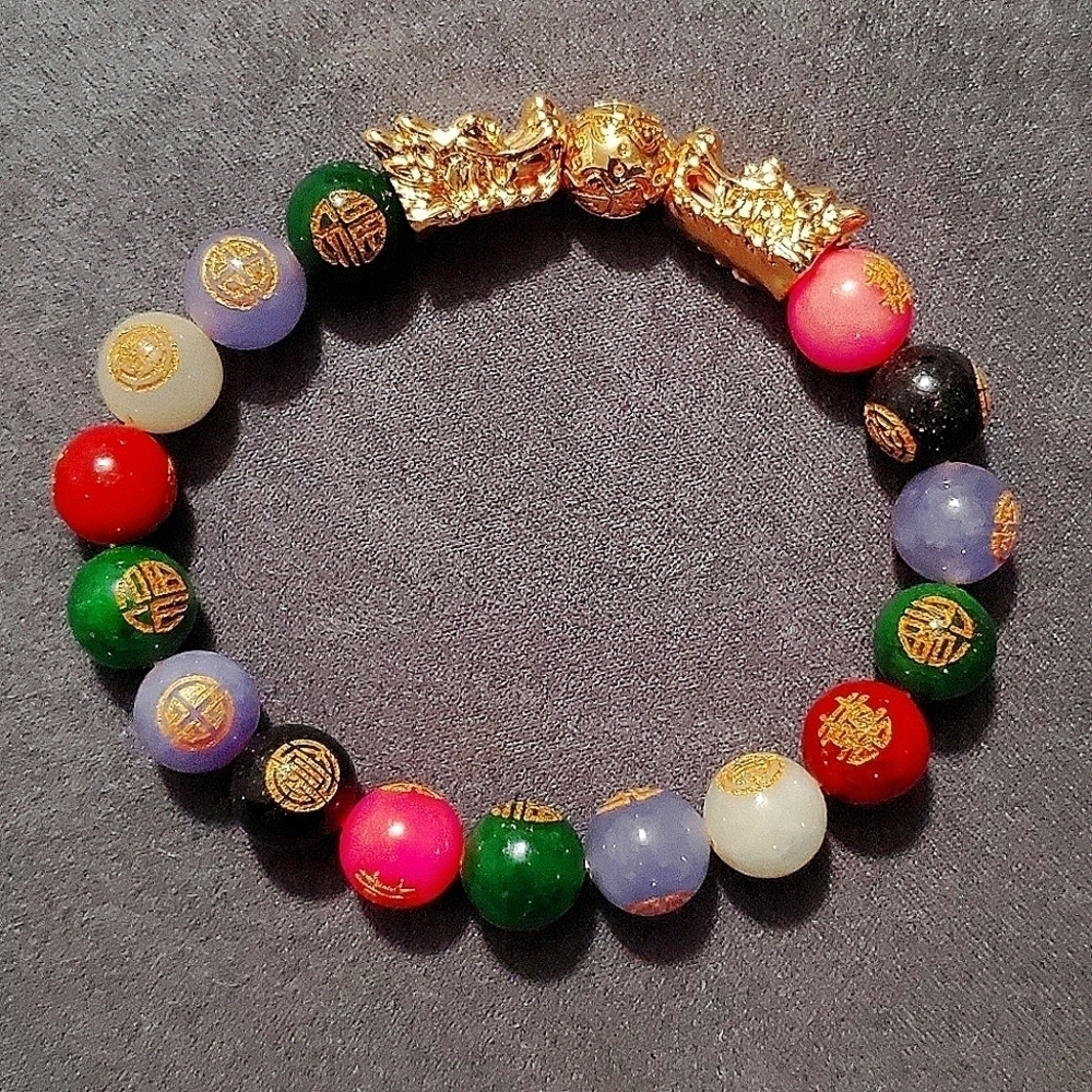 Multi Colored Jade Stretch Bracelet With Chinese Elements & Dragons YG plated